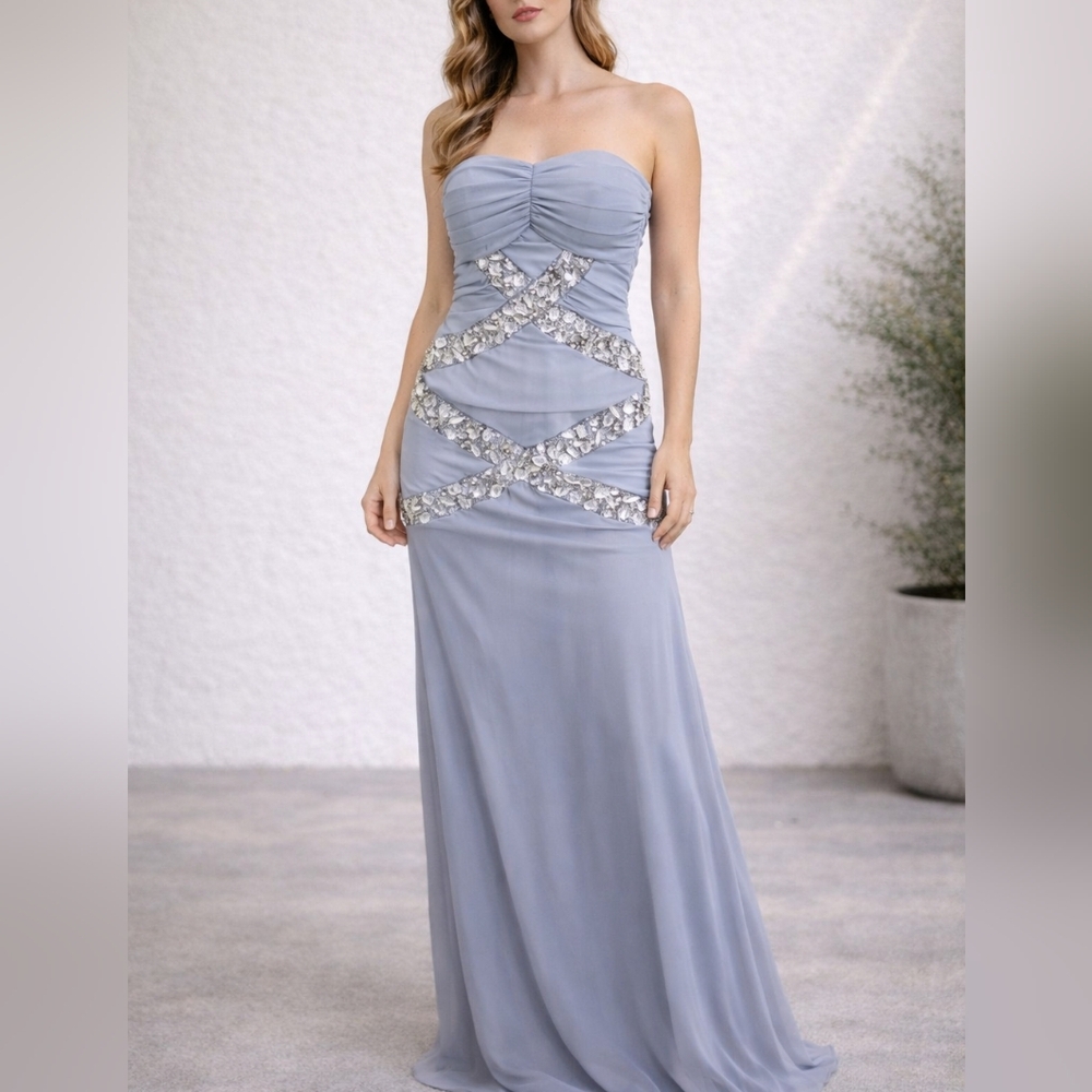 Strapless jeweled maxi grey dress
